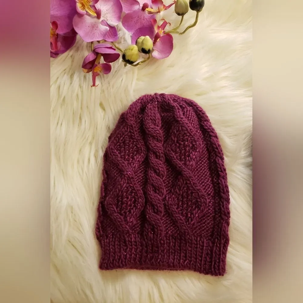 NWT Chunky Cable Beanie & Matching Gloves Set |Purple Burgundy Plum Winter Hat
